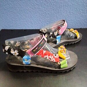 Kurt Geiger London Sandal, Mixed Floral Strap on Black Footbed, U.S. Size 9